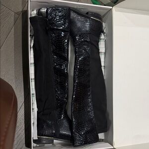 Expressions Black Snakeskin Over the Knee Boots